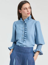 Load image into Gallery viewer, Ruffled Denim Blouse