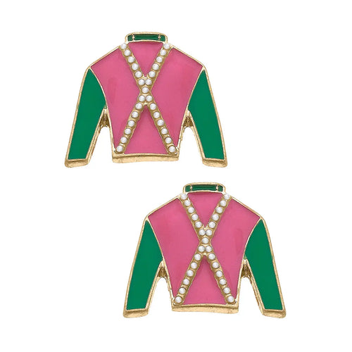 Justify Jockey Silk Enamel Stud Earrings in Pink & Green