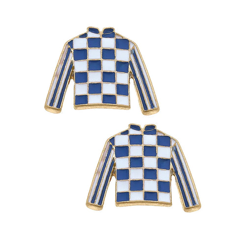 Blue Jockey Silk Enamel Stud Earrings in Blue & White