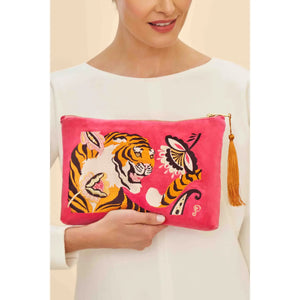 Velvet Embroidered Zip Pouch - Thrill of the Tiger